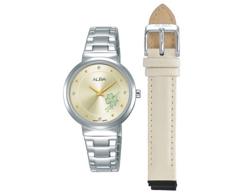 ساعة يد ألبا حريمي فاشون سوار استانلس / جلد ، مينا لون شامبين AH8497X1