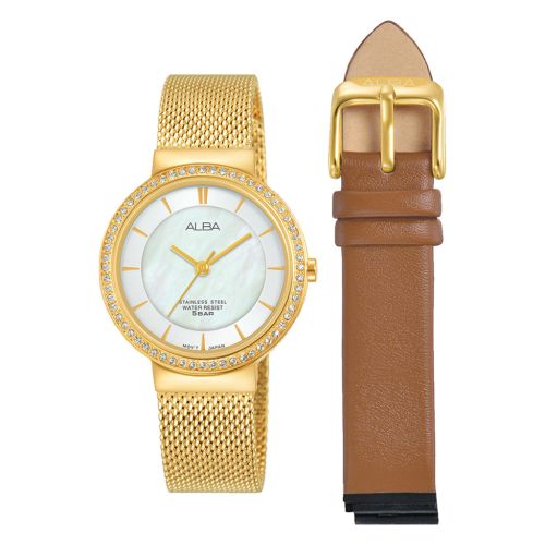 ساعة يد ألبا حريمي فاشون سوار استانلس / جلد ، مينا لون شامبين AH8494X1