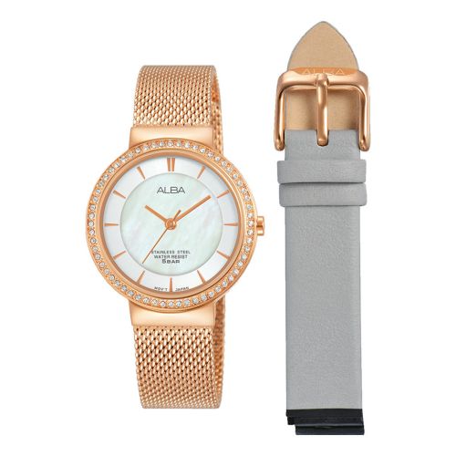 ساعة يد ألبا حريمي فاشون سوار استانلس / جلد ، مينا لون أبيض AH8492X1