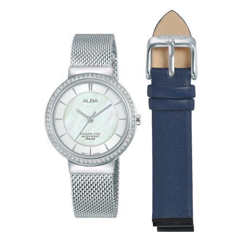 ساعة يد ألبا حريمي فاشون سوار استانلس / جلد ، مينا لون أبيض AH8495X1