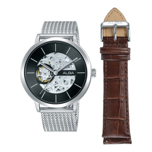 ساعة يد ألبا رجالي فلاجشيب سوار استانلس / جلد ، مينا لون أسود A8A001X1