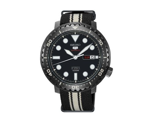 ساعة يد سيكو رجالي 5SPORTS سوار قماش أسود × أبيض، مينا لون أسود SRPC67J1