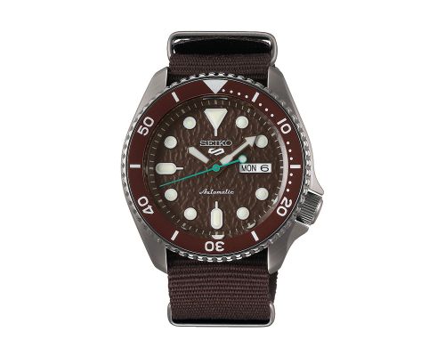 ساعة يد سيكو رجالي 5SPORTS سوار قماش بني ، مينا بني غامق SRPD85K1