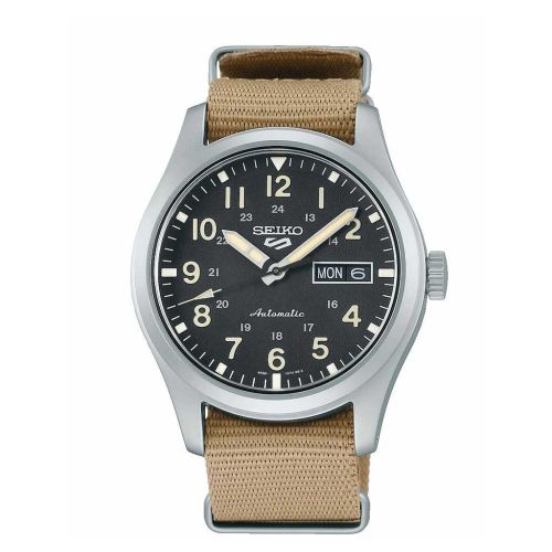 ساعة يد سيكو رجالي 5SPORTS سوار قماش بيج مينا لون أسود SRPG35K1