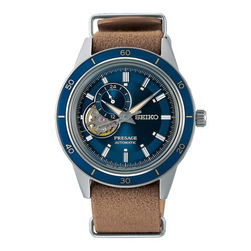 ساعة يد سيكو رجالي بريساج سوار جلد بني مينا لون أزرق SSA453J1